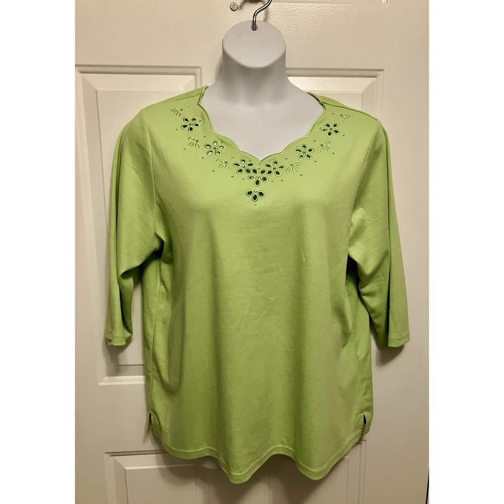 Quacker Factory XL Lime Green Eyelet Rhinestones Shirt Cotton 3/4 Sleeve Women’s
